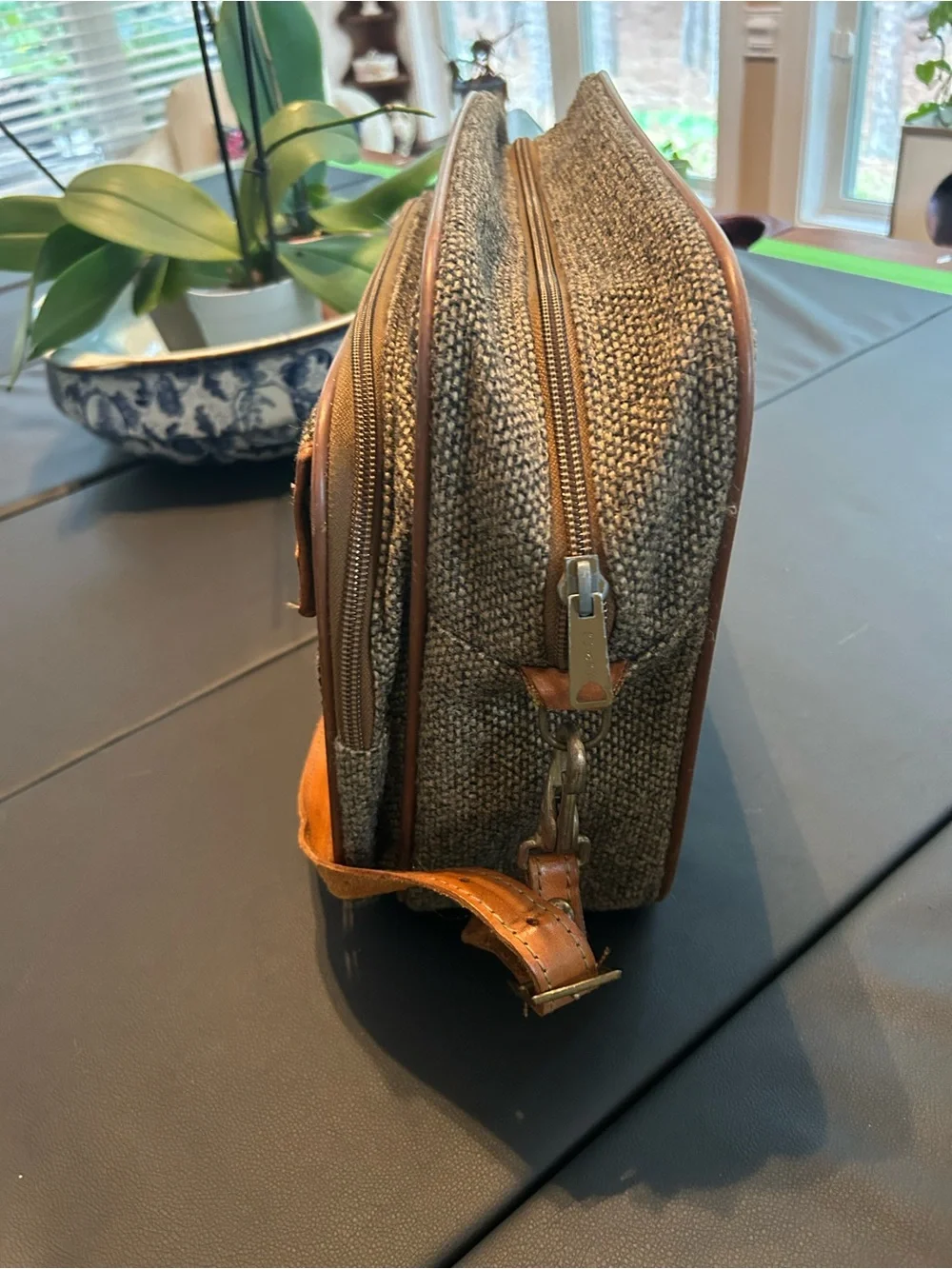 Vintage Hartmann Men's Gray Tweed Messenger Bag with Brown Leather Accents